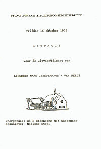 Liturgie uitvaartdienst D.E.W. (Liesbeth) MG-van Reede (1998)